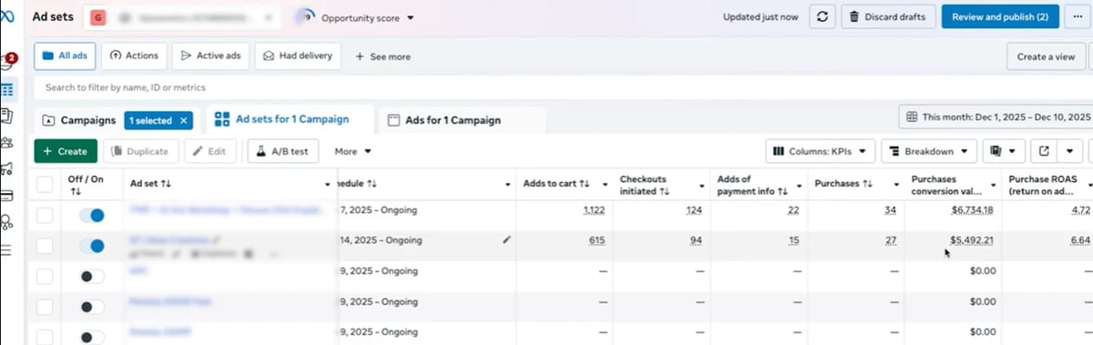 Meta Ads Manager ad sets table showing checkouts initiated, adds of payment info, purchases, and purchase ROAS