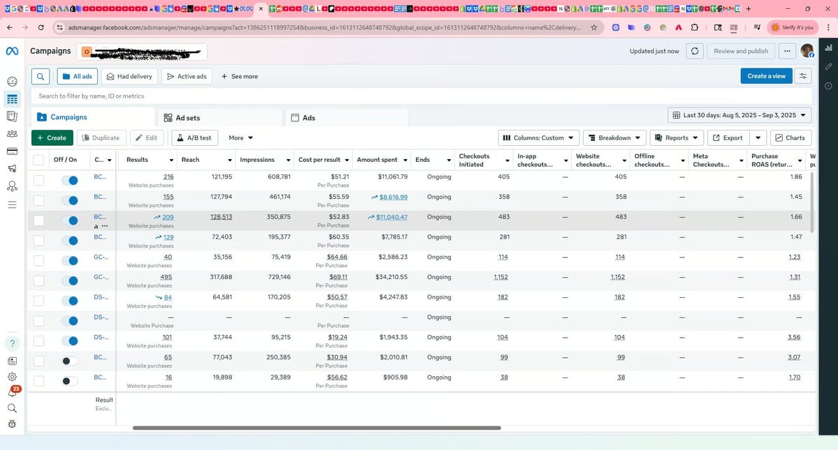 Meta Ads Manager campaign results across ad sets, showing checkouts and purchase ROAS