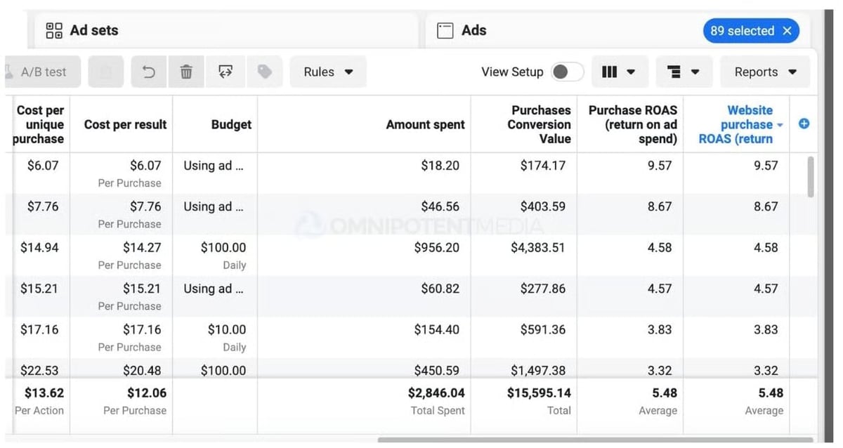 Ad set performance metrics including cost per purchase, spend, and purchase ROAS
